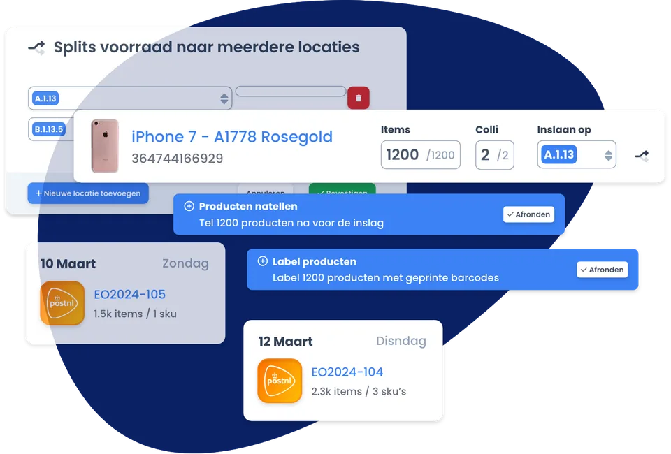 Voorbeeld van inslag in Lyra WMS met productaantallen, opslaglocaties en taken voor tellen en labelen