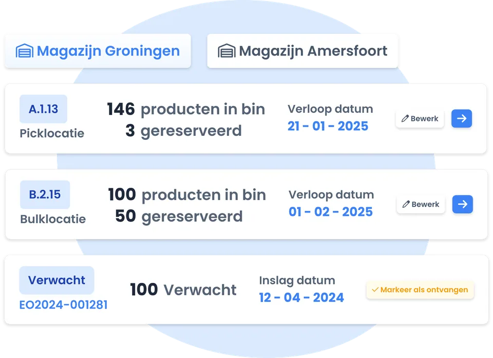 Voorbeeld van pick- en bulklocaties in Lyra WMS, met beschikbare, gereserveerde en verwachte voorraad